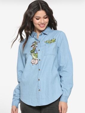 Disney Pixar Toy Story Chambray Button-Up Shirt Embroidered 100% Cotton Sz Large